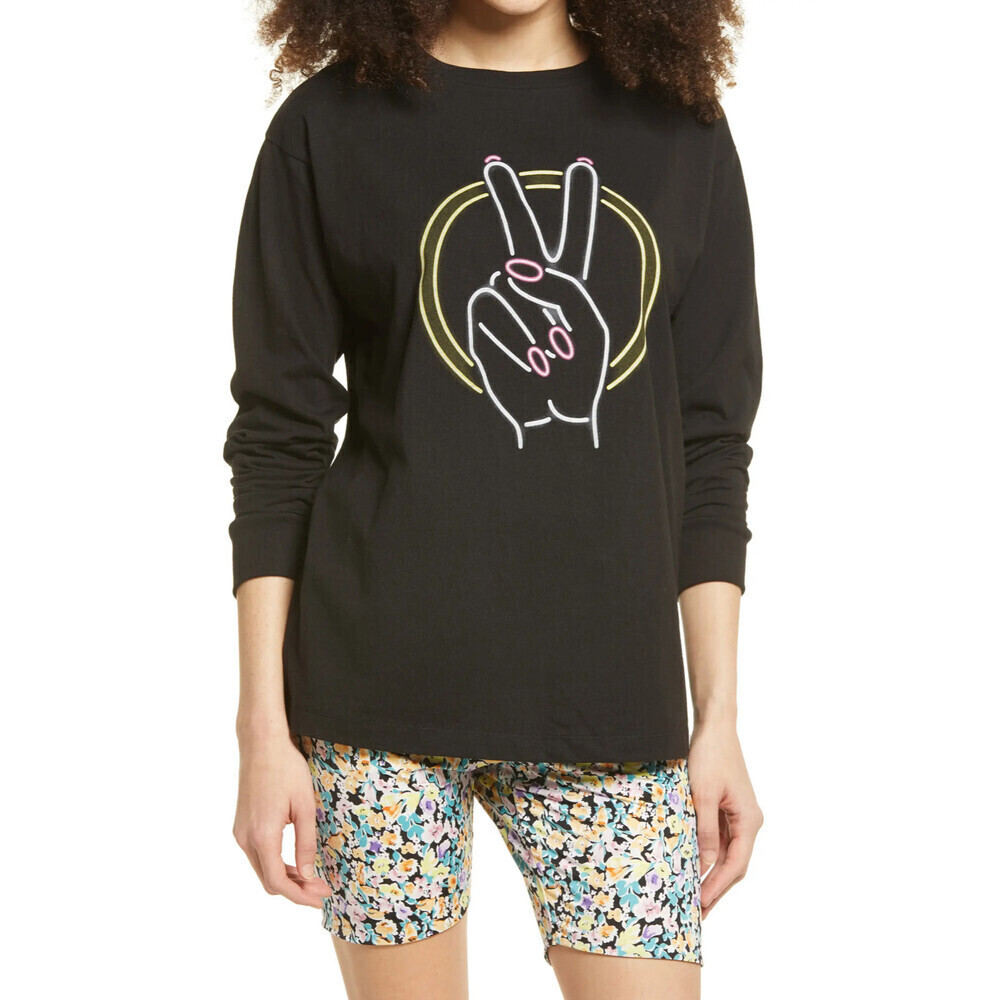 Bp. Women's The Time Is Now Peace Graphic Long Sleeve Tee Black Size XSmall